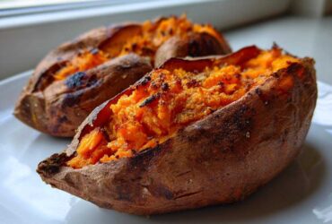 Close-up of two fluffy baked sweet potato halves with bright orange, mashed interiors on a white plate.
