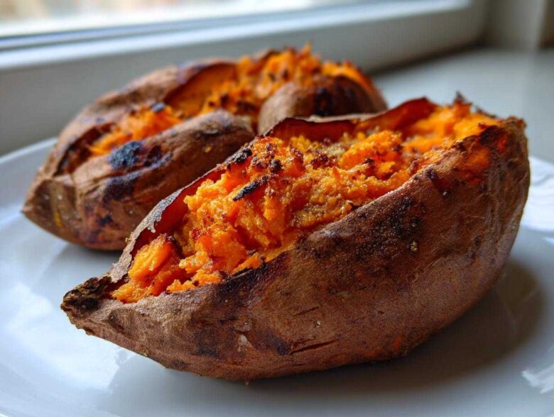 Close-up of two fluffy baked sweet potato halves with bright orange, mashed interiors on a white plate.