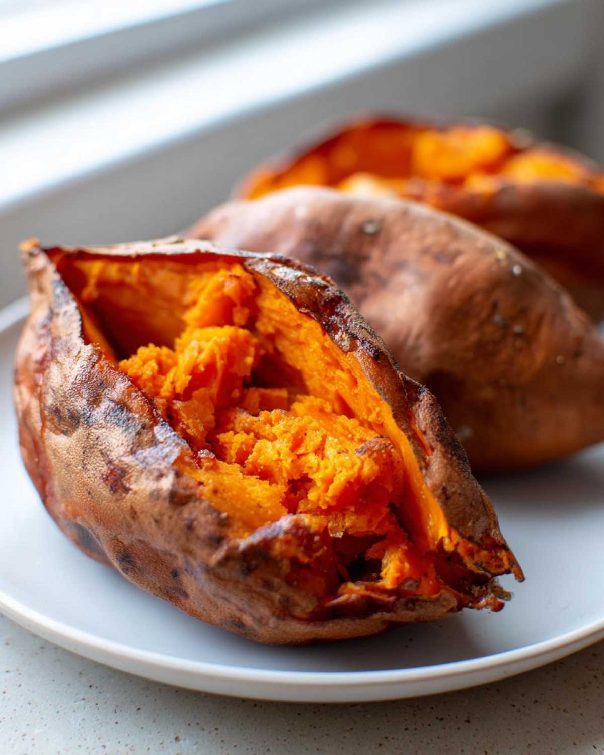 Close-up of a fluffy baked sweet potato split open, revealing bright orange interior flesh.
