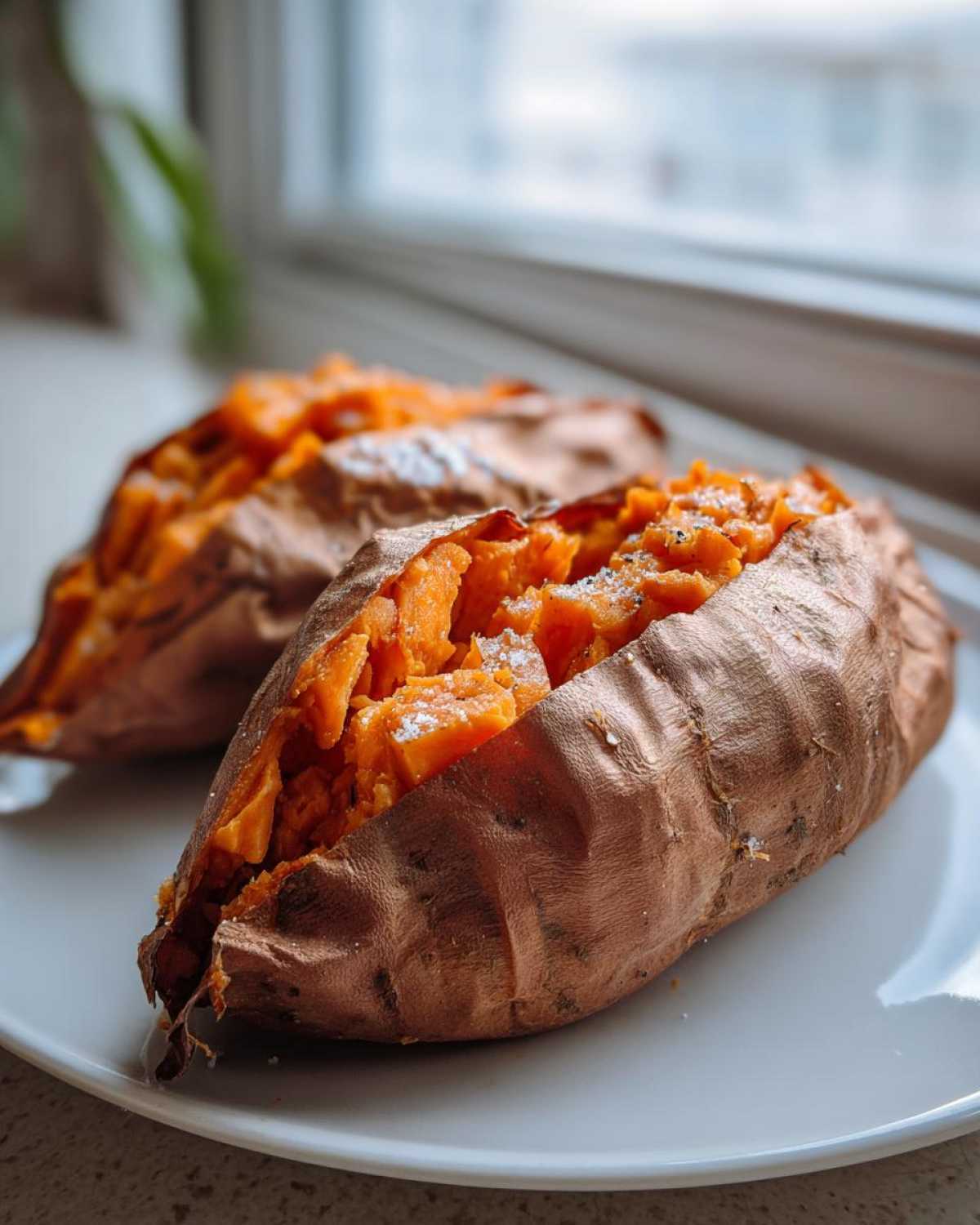 Two fluffy baked sweet potato halves, seasoned with salt, sitting on a white plate near a window.