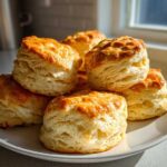 A stack of golden-brown, flaky buttermilk biscuits piled high on a white plate, catching the sunlight.