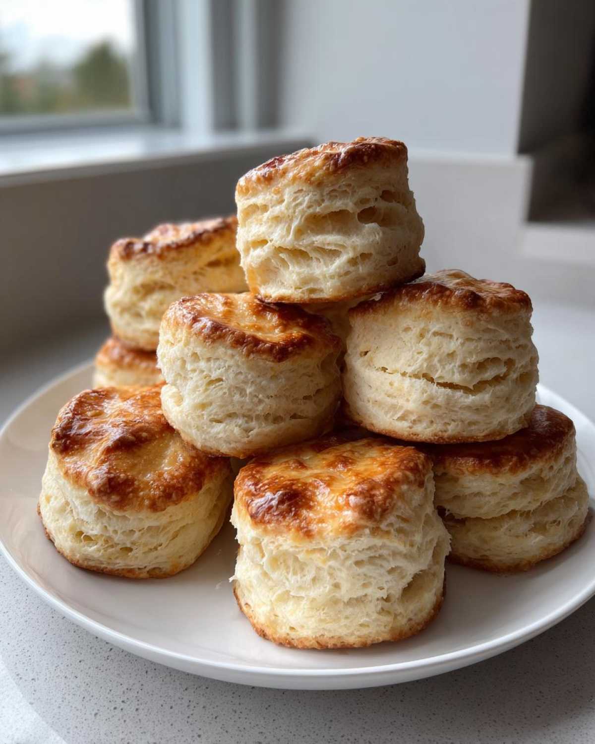 A stack of golden-brown, flaky buttermilk biscuits piled high on a white plate.