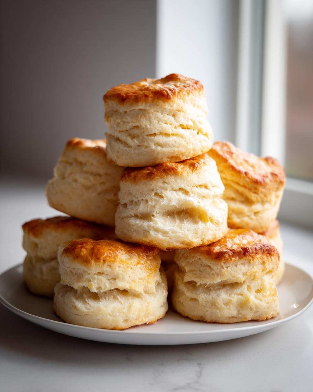 A tall stack of golden-brown, flaky buttermilk biscuits piled high on a white plate.