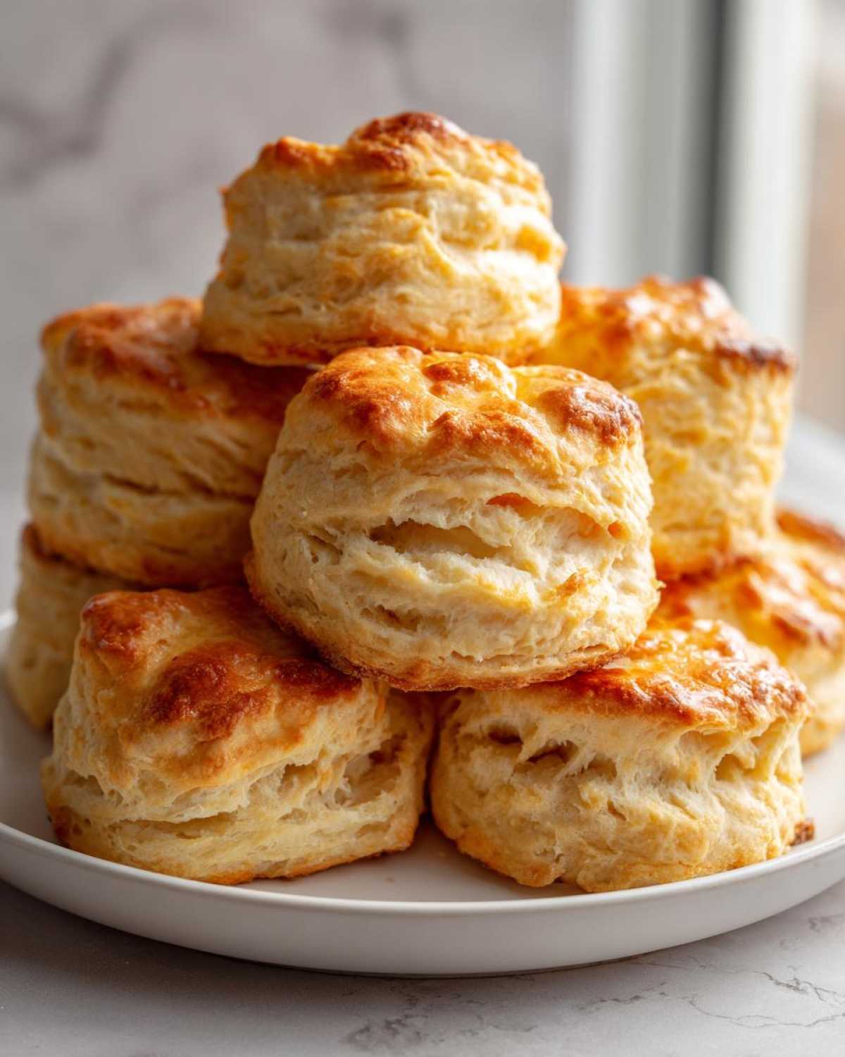 A tall stack of golden-brown, flaky buttermilk biscuits piled high on a white plate.