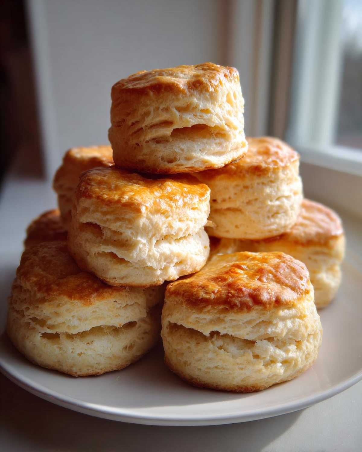 A stack of golden-brown, flaky buttermilk biscuits piled high on a white plate near a window.