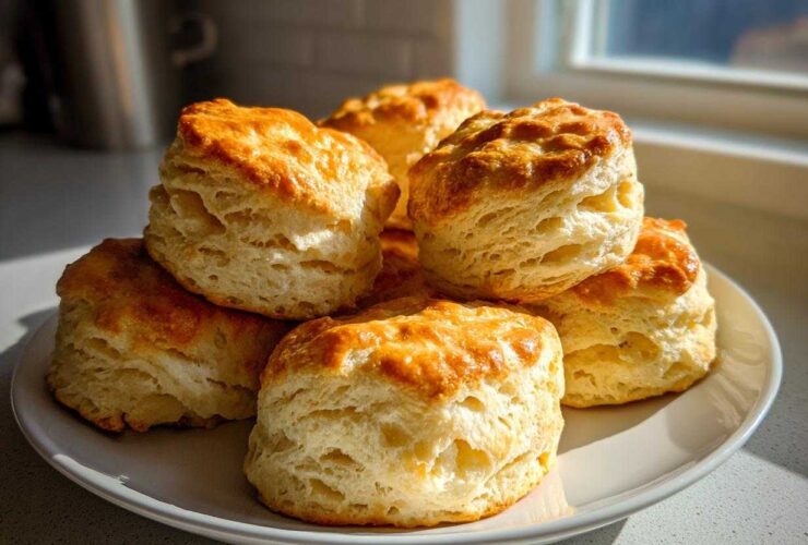 A stack of golden-brown, flaky buttermilk biscuits piled high on a white plate, catching the sunlight.