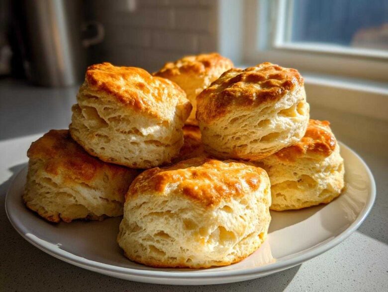 A stack of golden-brown, flaky buttermilk biscuits piled high on a white plate, catching the sunlight.