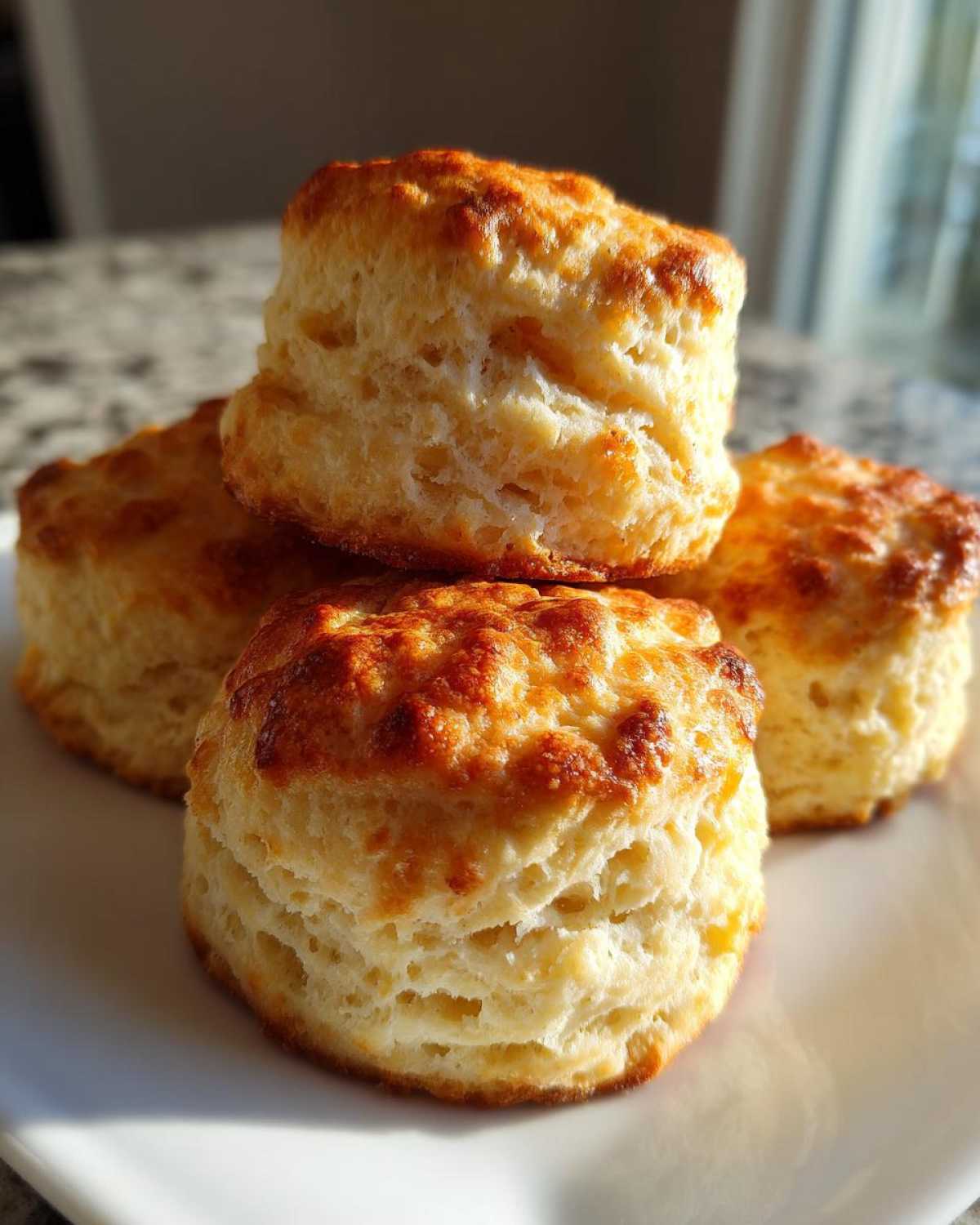 Close-up of four tall, flaky, golden-brown scones stacked on a white plate, showing excellent rise.