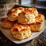 A stack of freshly baked, tall, fluffy scones with golden-brown tops piled on a white plate.