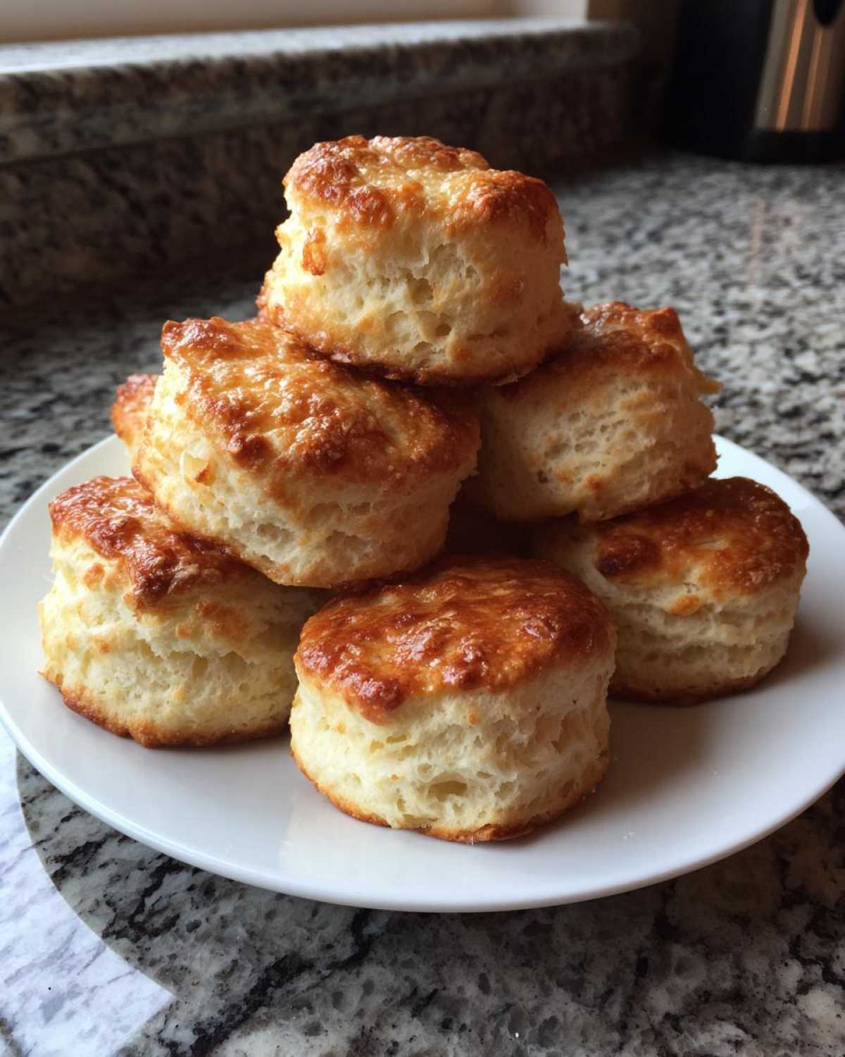 A stack of freshly baked, tall, and fluffy scones with golden-brown tops resting on a white plate.