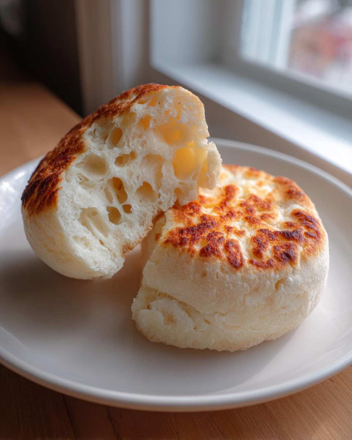 A homemade english muffin split in half showing its airy, holey interior texture.