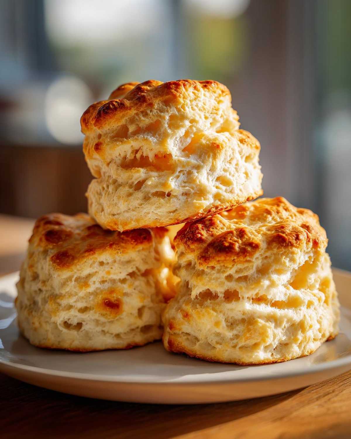 Close-up of three tall, golden-brown, flaky scones stacked on a white plate, showcasing their height.