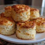 A stack of tall, fluffy scones with golden, slightly cheesy tops piled on a white plate.