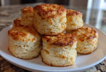 A stack of tall, fluffy scones with golden, slightly cheesy tops piled on a white plate.