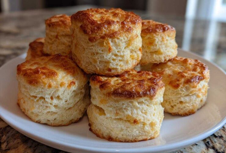 A stack of tall, fluffy scones with golden, slightly cheesy tops piled on a white plate.