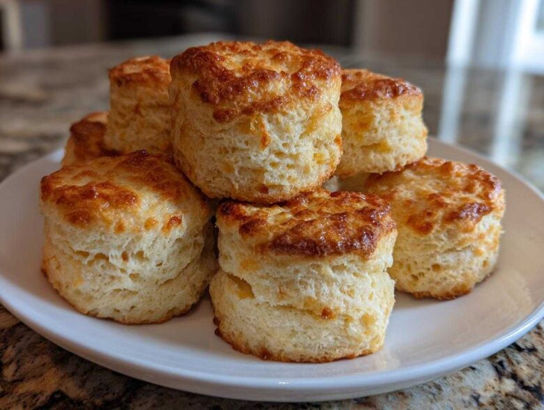 A stack of tall, fluffy scones with golden, slightly cheesy tops piled on a white plate.
