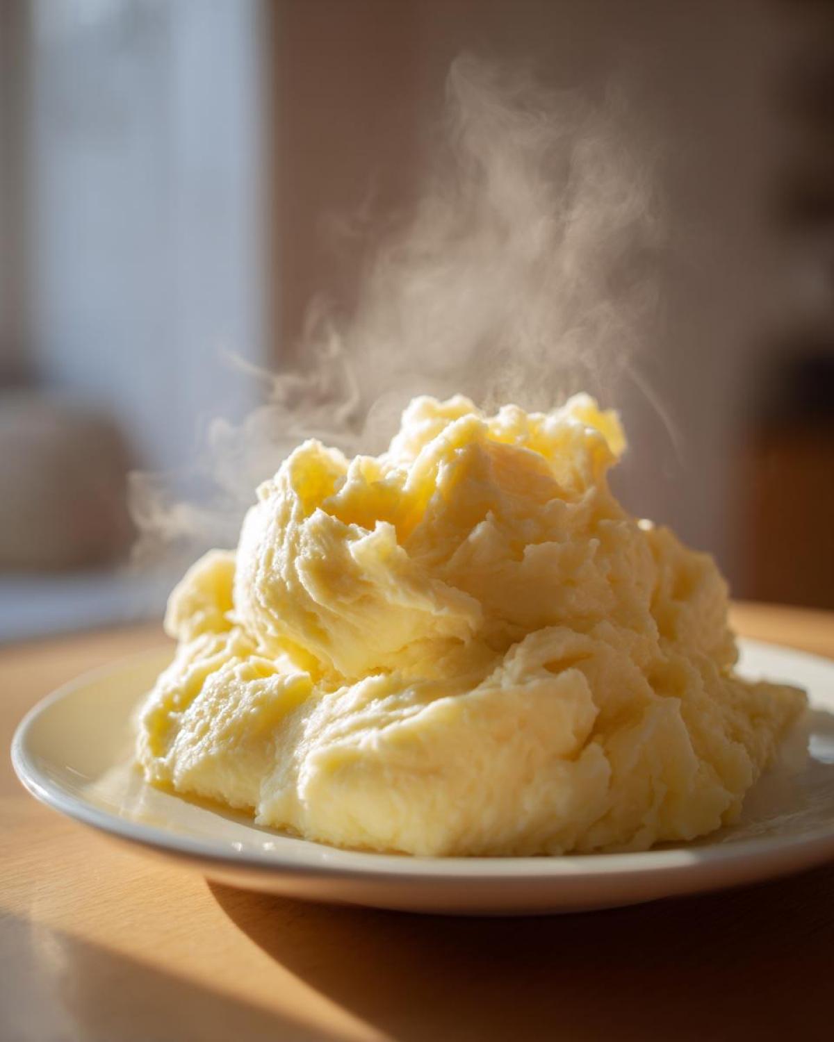 A generous serving of fluffy, steaming mashed potatoes piled high on a white plate, catching the sunlight.