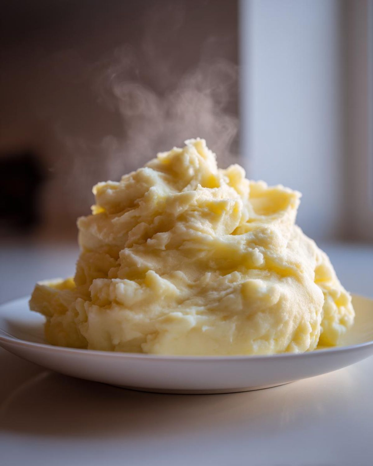 A tall mound of hot, fluffy mashed potatoes steaming slightly, served on a white plate.