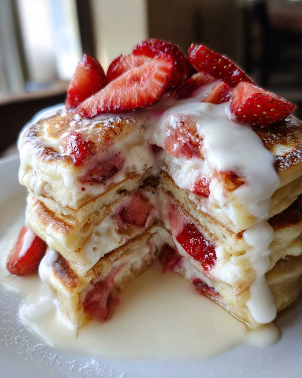 Cross-section view of fluffy strawberry pancakes layered with cream and topped with fresh sliced strawberries.