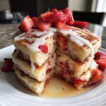 A cross-section view of a stack of fluffy strawberry pancakes drizzled with white glaze and topped with fresh strawberries.