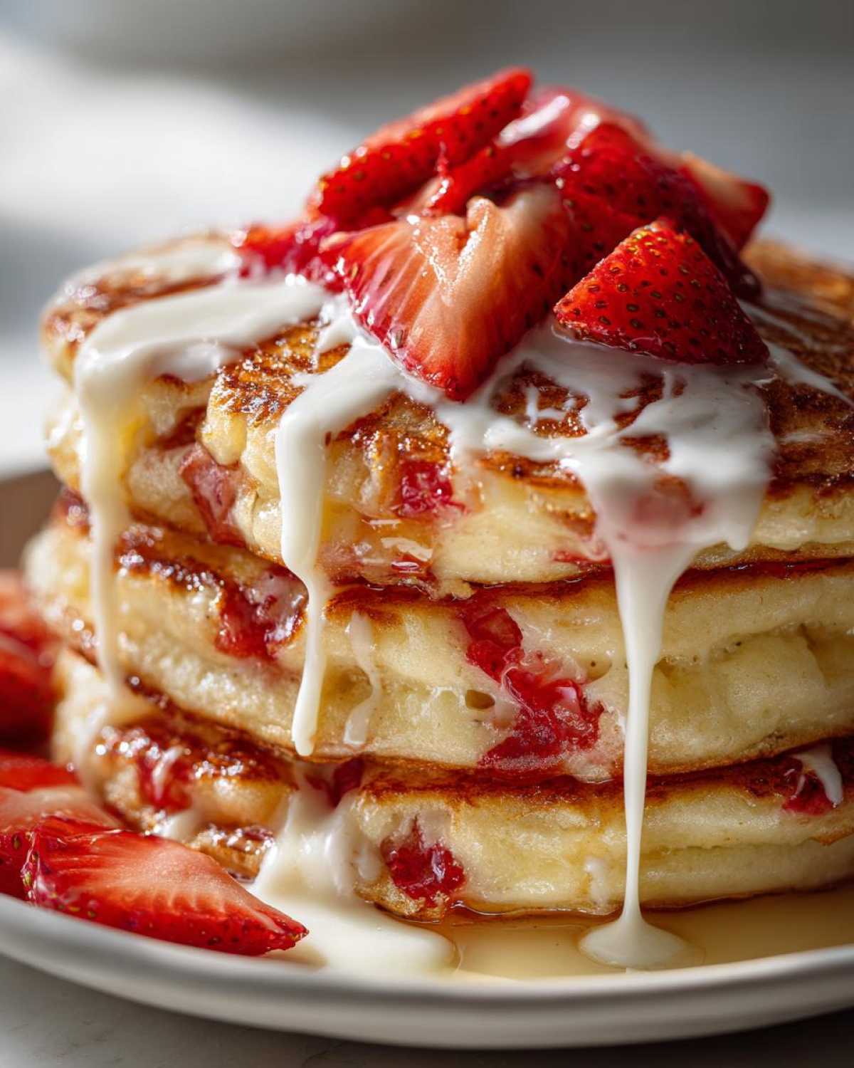 Close-up of a tall stack of fluffy strawberry pancakes topped with fresh sliced strawberries and a thick white cream drizzle.