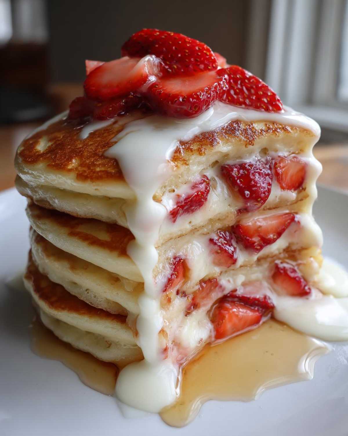 Close-up of a tall stack of fluffy strawberry pancakes layered with cream and topped with fresh sliced strawberries.