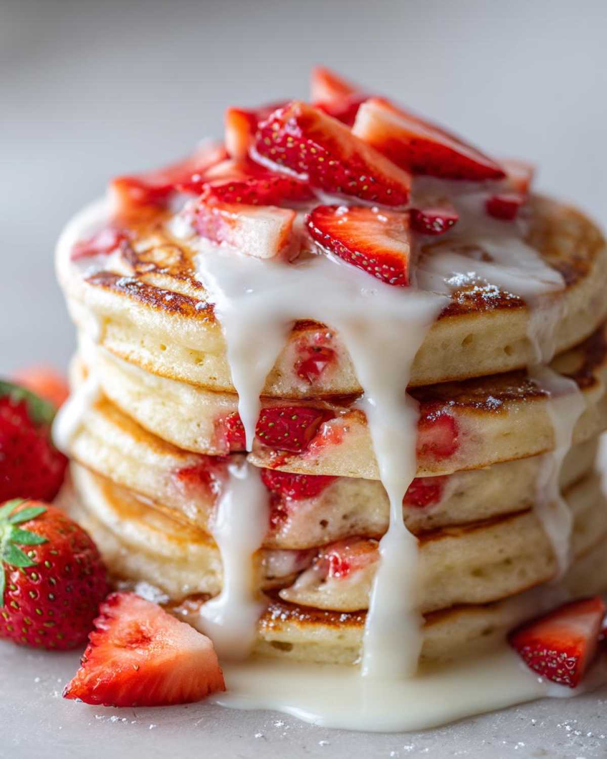 A tall stack of fluffy strawberry pancakes drizzled with white glaze and topped with fresh sliced strawberries.