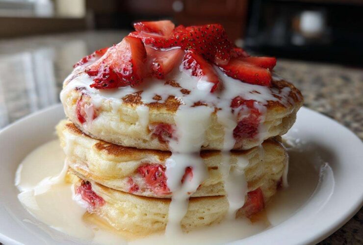 A stack of three fluffy strawberry pancakes topped with fresh sliced strawberries and a generous white cream drizzle.