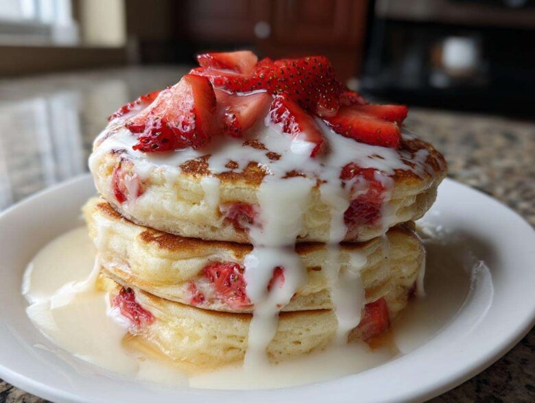 A stack of three fluffy strawberry pancakes topped with fresh sliced strawberries and a generous white cream drizzle.