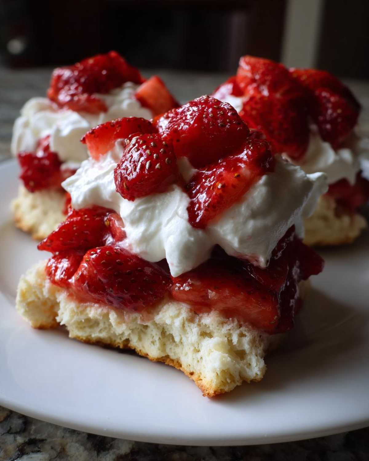 A close-up of a serving of strawberry shortcake featuring a thick biscuit base, macerated strawberries, and whipped cream.