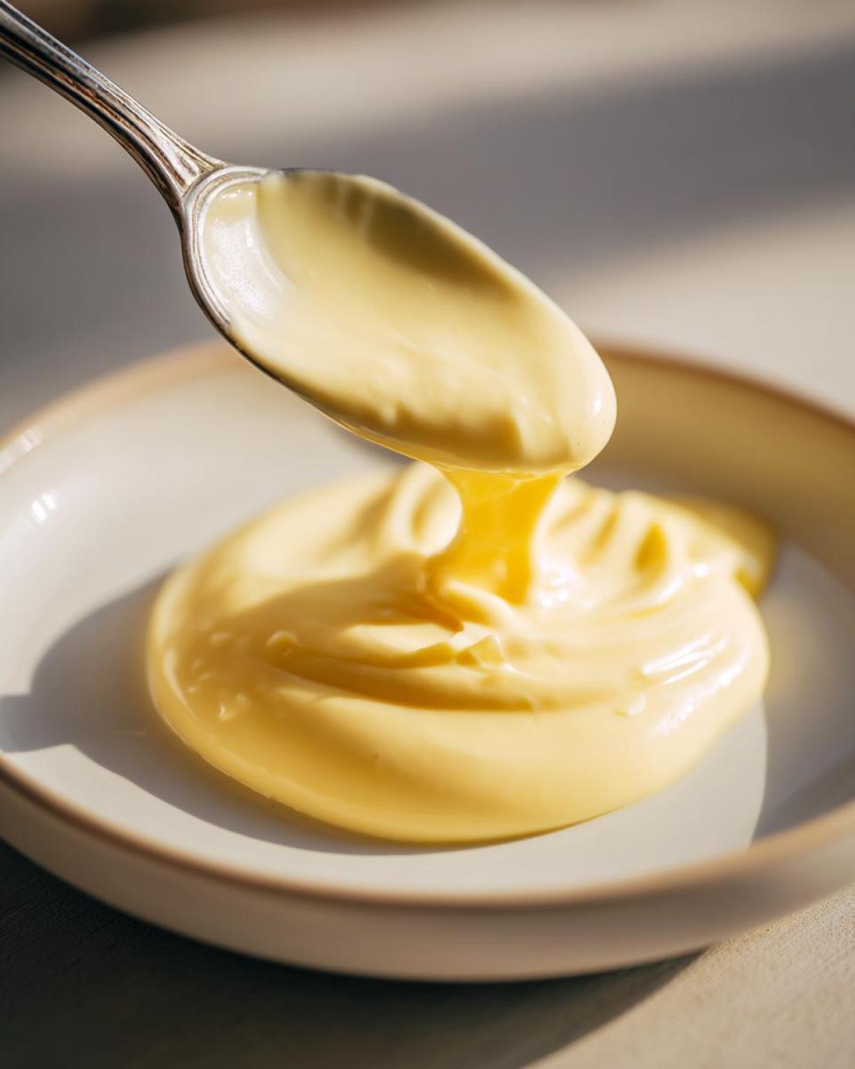 A spoonful of thick, creamy yellow hollandaise sauce being lifted above a small pool of the sauce in a light-colored bowl.