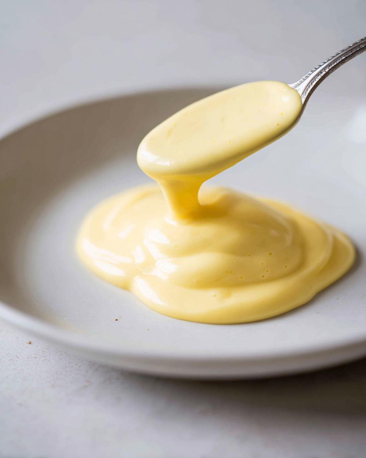 A spoonful of rich, yellow hollandaise sauce is drizzled onto a plate, showing its thick, creamy consistency.