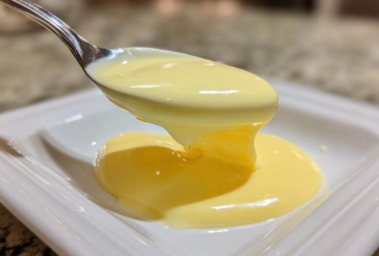 A spoonful of thick, creamy, yellow hollandaise sauce drips onto a white plate.
