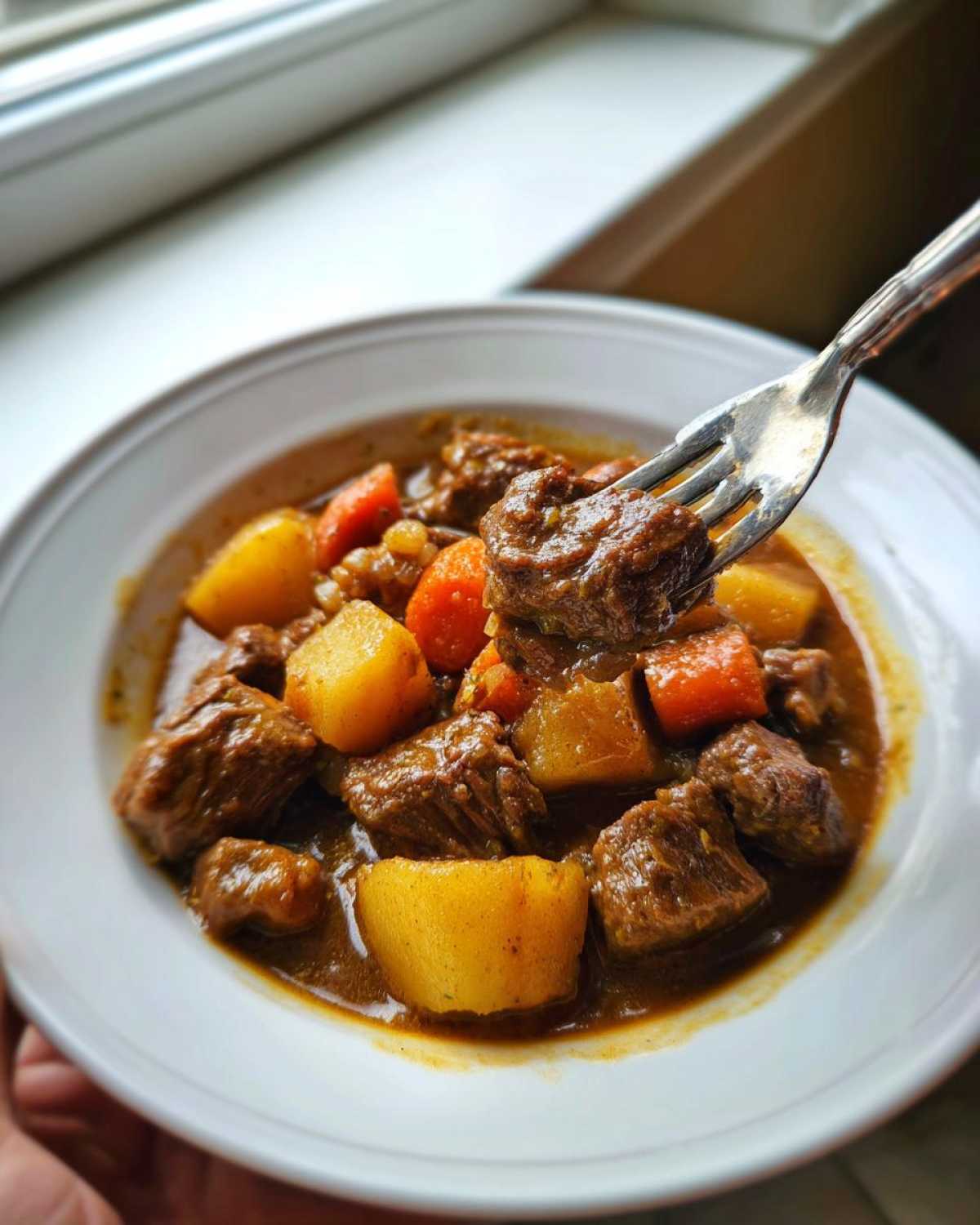 A fork lifts a piece of tender meat from a bowl of rich pork stew with carrots and potatoes.