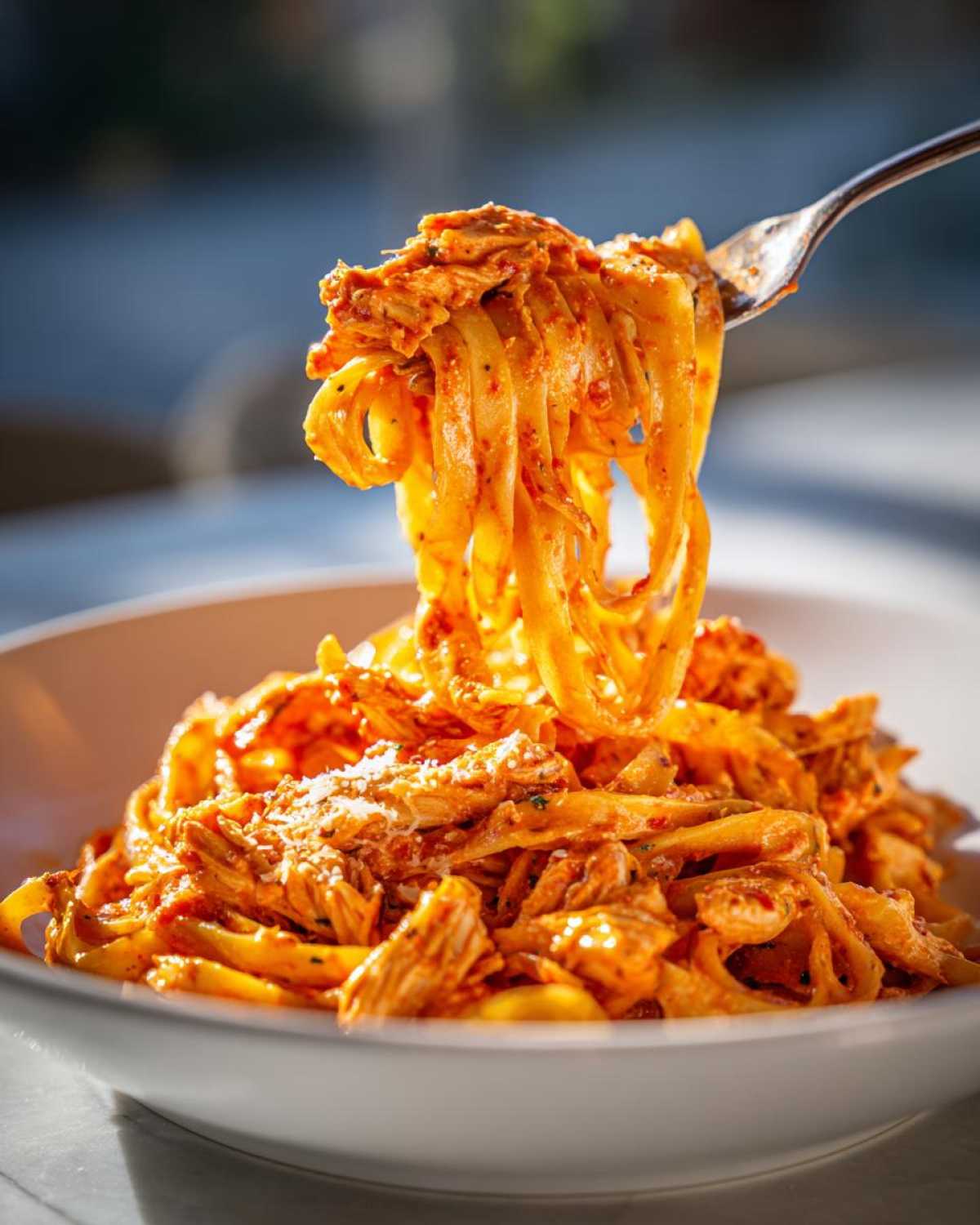 A fork lifting fettuccine noodles coated in creamy sauce and shredded chicken from a bowl of cajun chicken pasta.