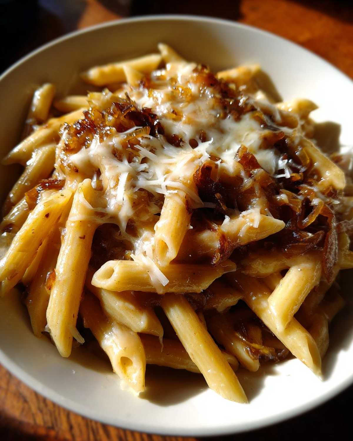 A close-up of a bowl of creamy french onion pasta topped with melted cheese and caramelized onions.