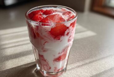 Close-up of a glass containing fresh strawberry milk, showing swirls of white milk and bright red sliced strawberries.