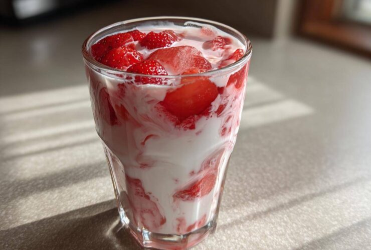 Close-up of a glass containing fresh strawberry milk, showing swirls of white milk and bright red sliced strawberries.