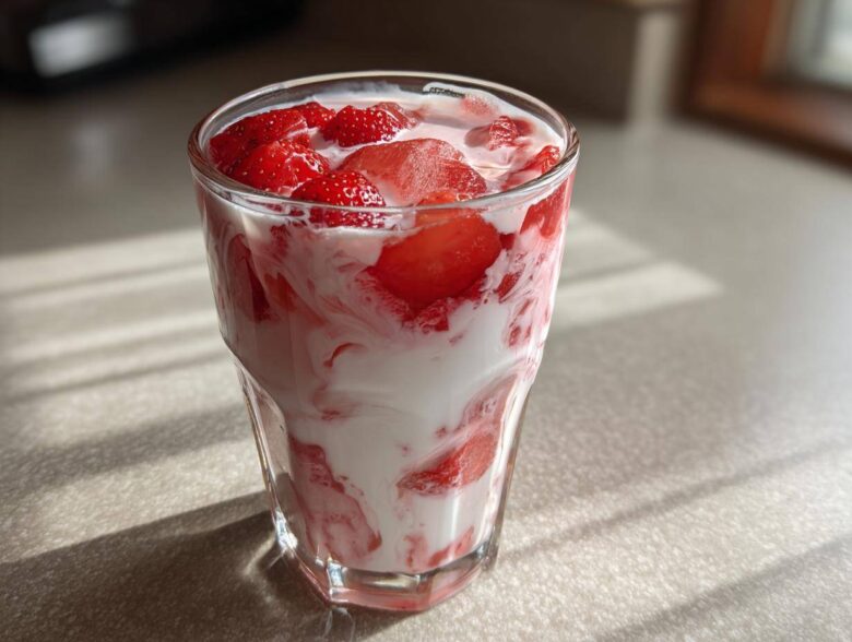 Close-up of a glass containing fresh strawberry milk, showing swirls of white milk and bright red sliced strawberries.