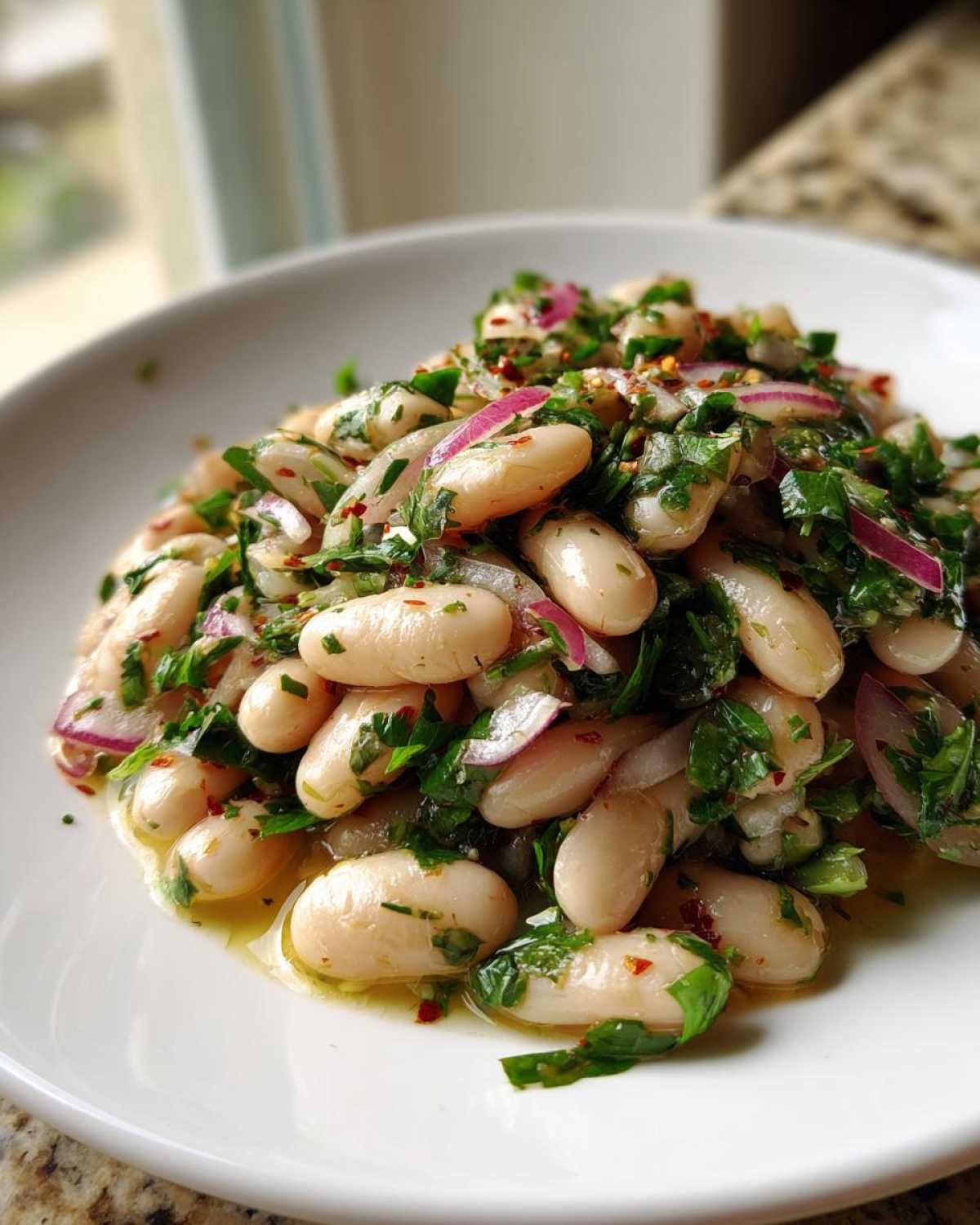A close-up of a vibrant white bean salad mixed with red onion slices, fresh parsley, and chili flakes, glistening in dressing.