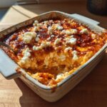 A square, white baking dish filled with hot, bubbly street corn dip, topped with cotija cheese and chili powder.