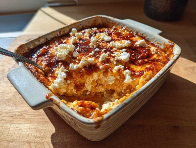 A square, white baking dish filled with hot, bubbly street corn dip, topped with cotija cheese and chili powder.