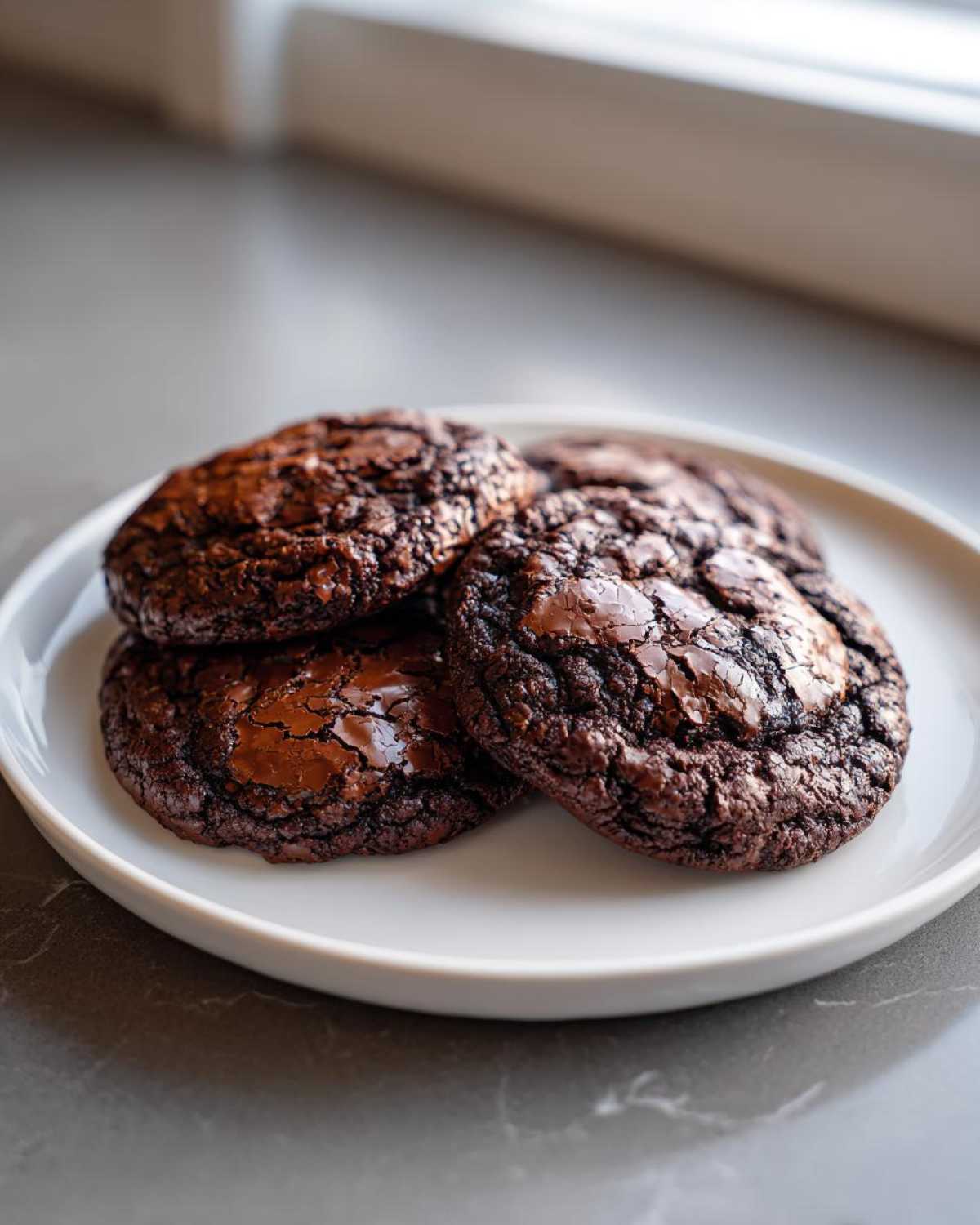 Four rich, dark chocolate brownie cookies with cracked, shiny tops resting on a white plate.
