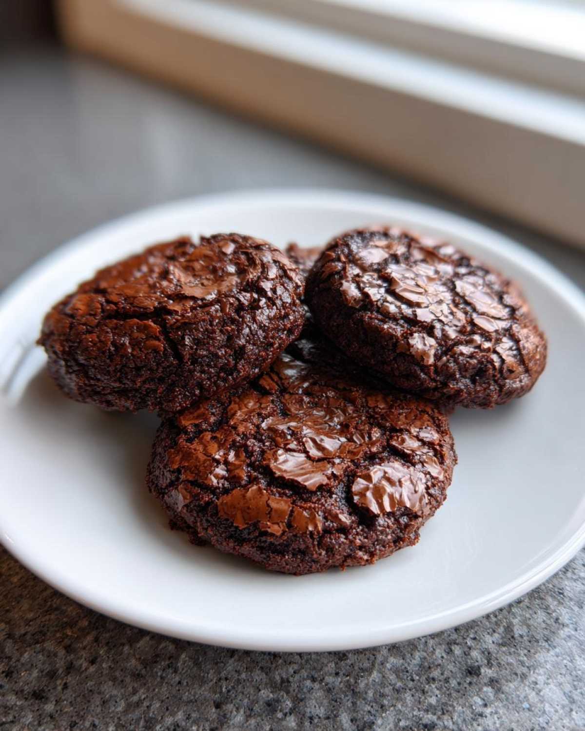Close-up of three rich, dark chocolate brownie cookies with cracked, shiny tops on a white plate.