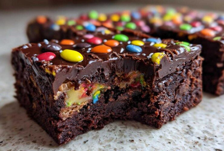 Close-up of a fudgy cosmic brownie square with a bite missing, revealing colorful candy filling and chocolate frosting.