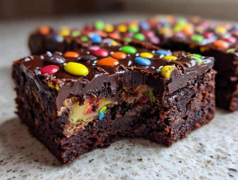 Close-up of a fudgy cosmic brownie square with a bite missing, revealing colorful candy filling and chocolate frosting.