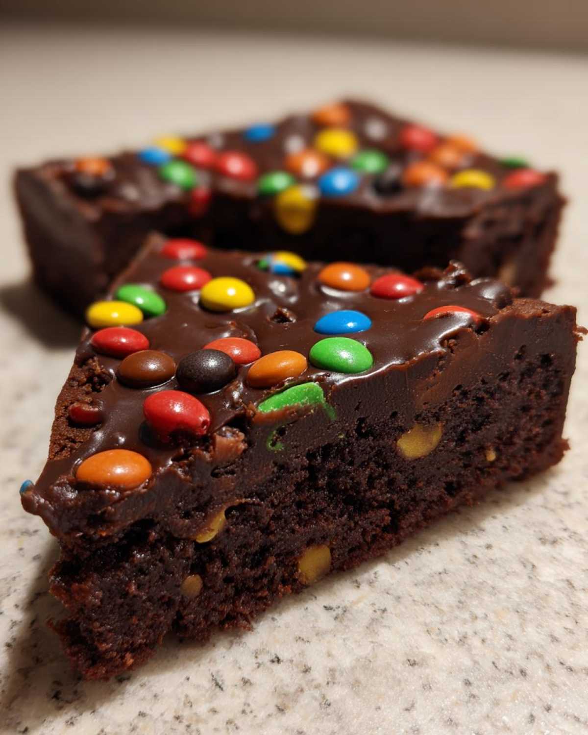 Close-up of a fudgy slice of cosmic brownies topped with chocolate glaze and colorful candy-coated chocolates.