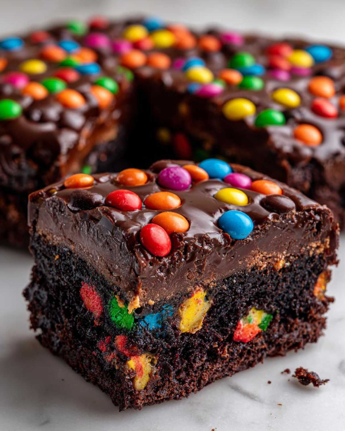 A close-up of a fudgy cosmic brownie square topped with chocolate frosting and colorful candies.