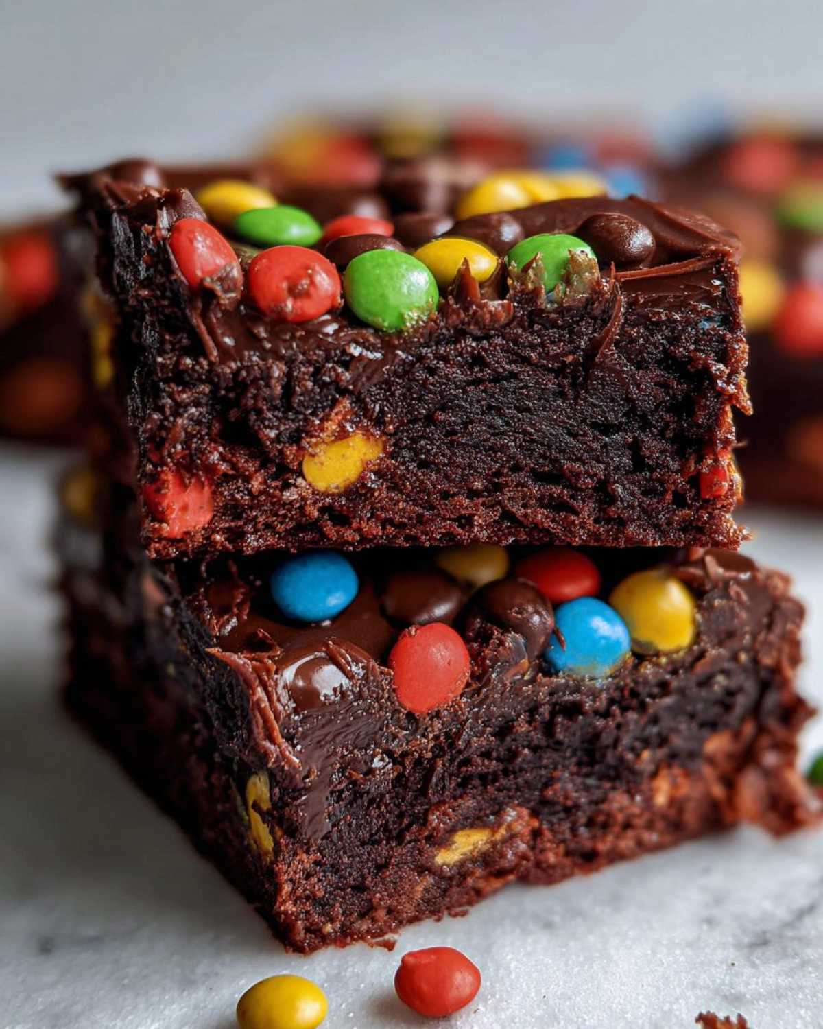 A close-up stack of two fudgy cosmic brownies topped with colorful candy-coated chocolates.