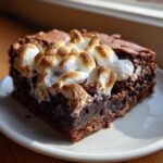 Close-up of a fudgy hot chocolate brownie topped with toasted marshmallows served on a white plate.